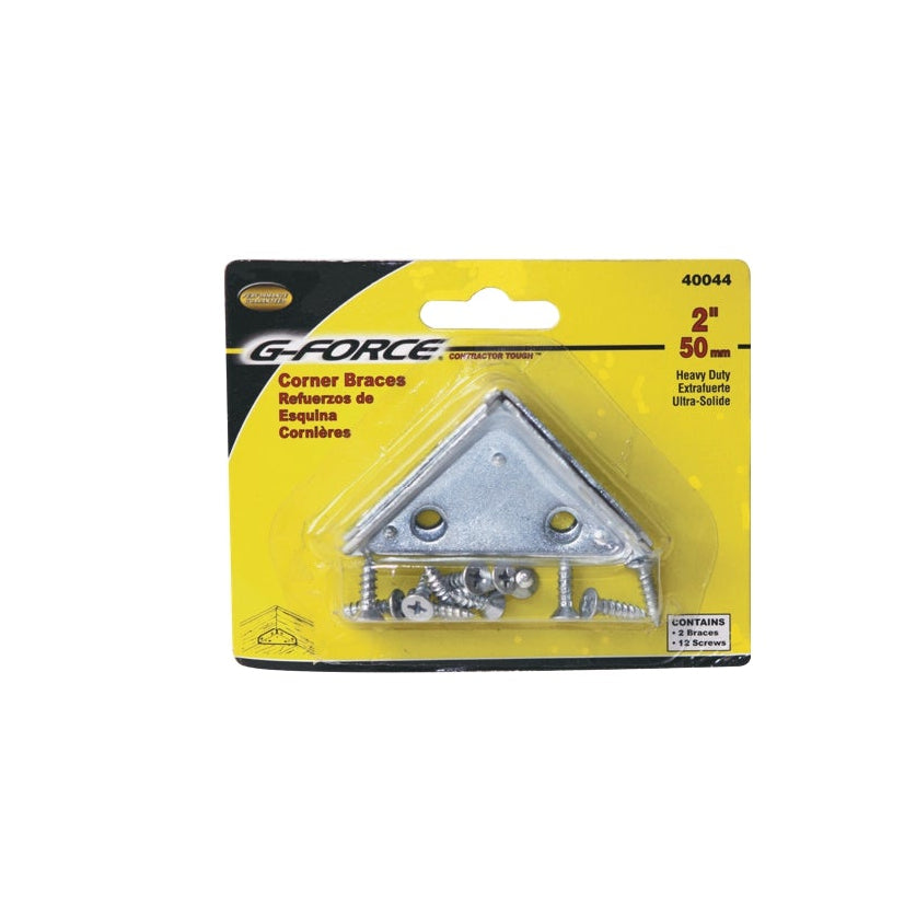 The G-FORCE 40044 pack features two zinc-plated, heavy duty 2 in. 3-sided corner braces with screws, in yellow and black packaging labeled “Corner Braces” and “Heavy Duty,” with English and Spanish text.